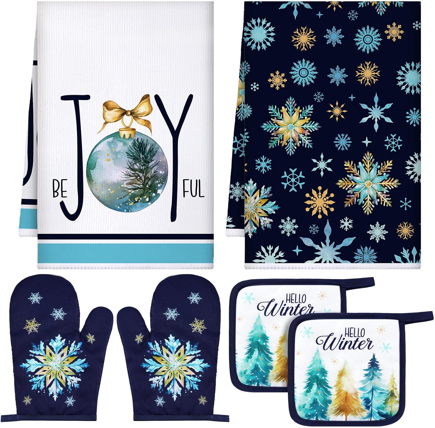 Bencailor 6 Pcs Christmas Kitchen Towel Oven Mitts and Pot Holders Set Xmas Theme Dish Towels Heat Resistant Oven Gloves for Summer Kitchen Cooking Baking Grilling(Colorful Christmas Tree Theme)